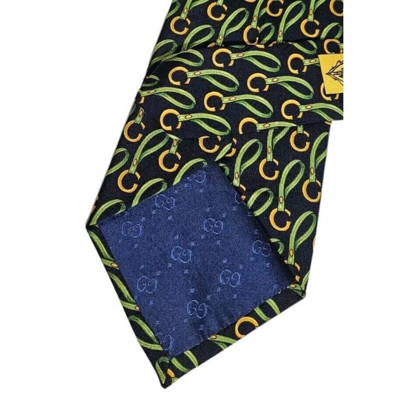 GUCCI Men's 100% Silk Necktie LUXURY Tie Navy Equestrian Monogram W:3.7" EUC - Picture 5 of 5